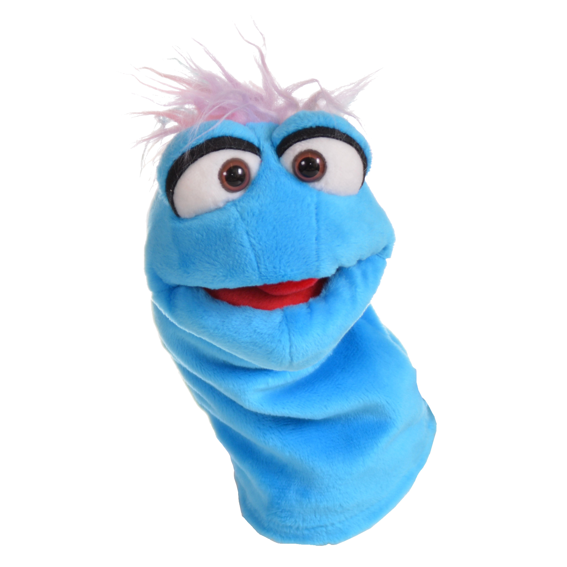 Living Puppets Strumpfhandpuppe Büffelchen aus der Quasselwurm-Familie, hellblau mit rosa Haarschopf und rotem Mund, Frontansicht