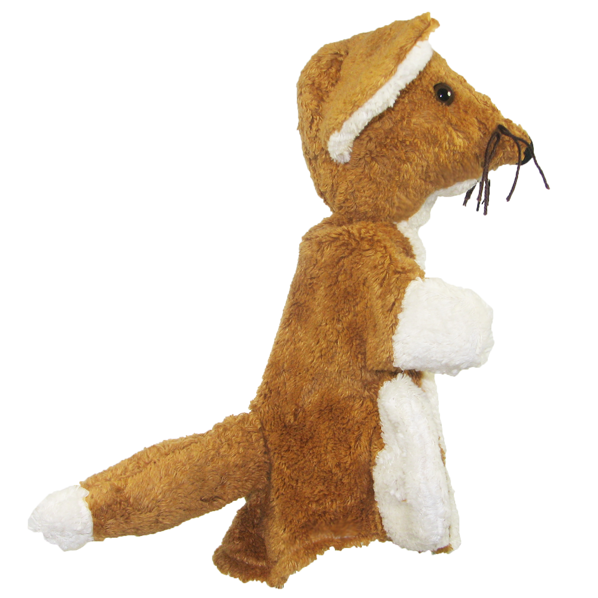 Kallisto hand puppet fox side view, orange-brown natural-material puppet with a white-tipped tail and pointed muzzle