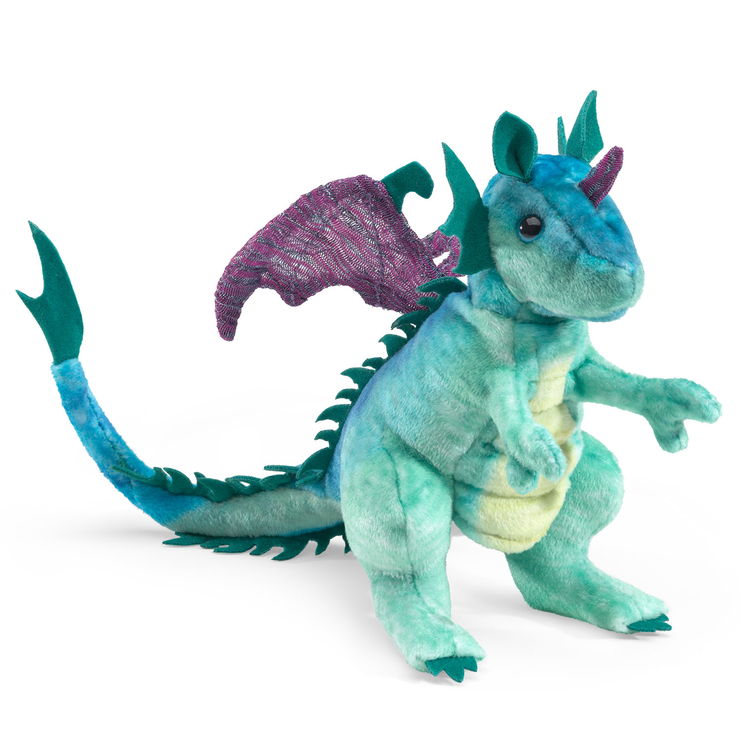 Folkmanis dragon finger puppet in teal-blue with purple mesh wings, back spines, and upright body, shown from a diagonal angle