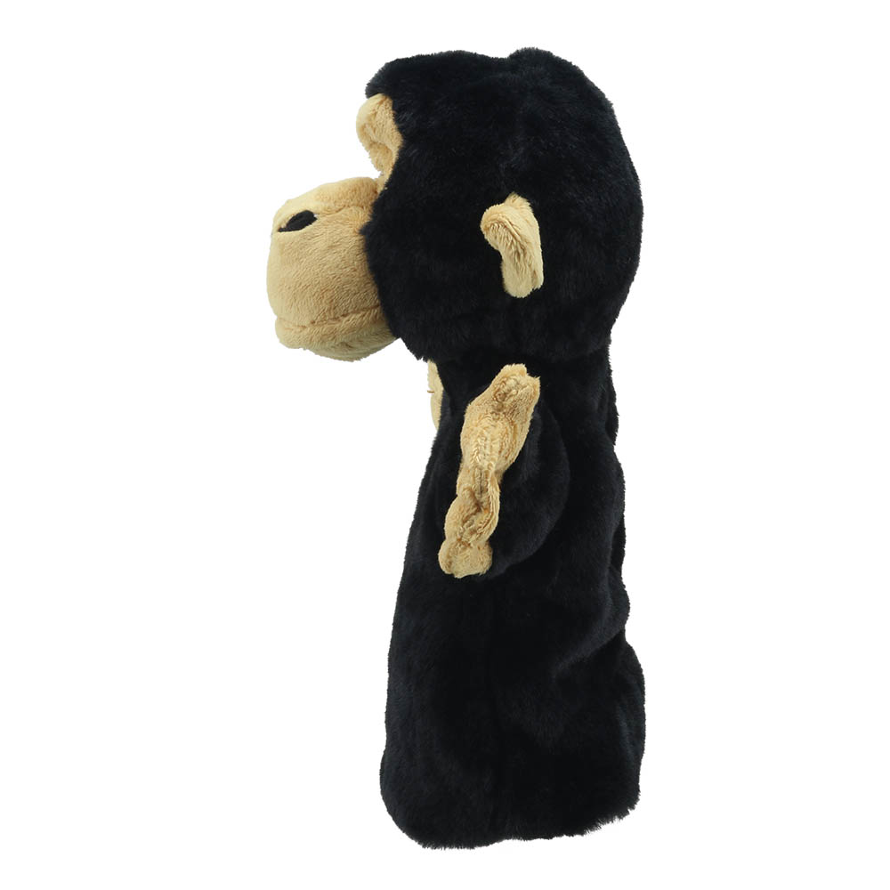 The Puppet Company baby hand puppet chimpanzee, black ape with a beige face, side view