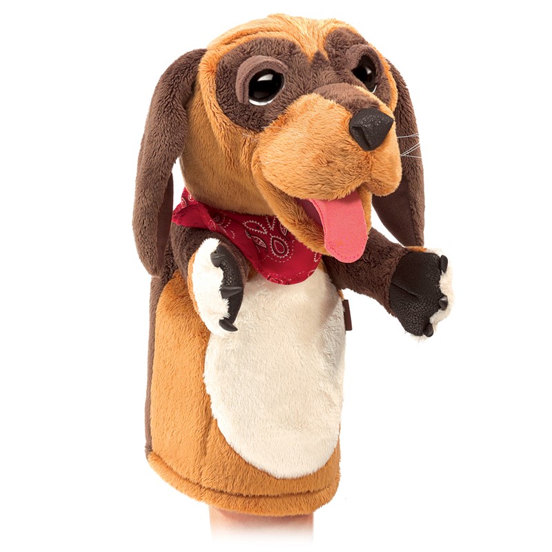 Folkmanis dog hand puppet with brown plush fur, outstretched tongue and red neckerchief, side view