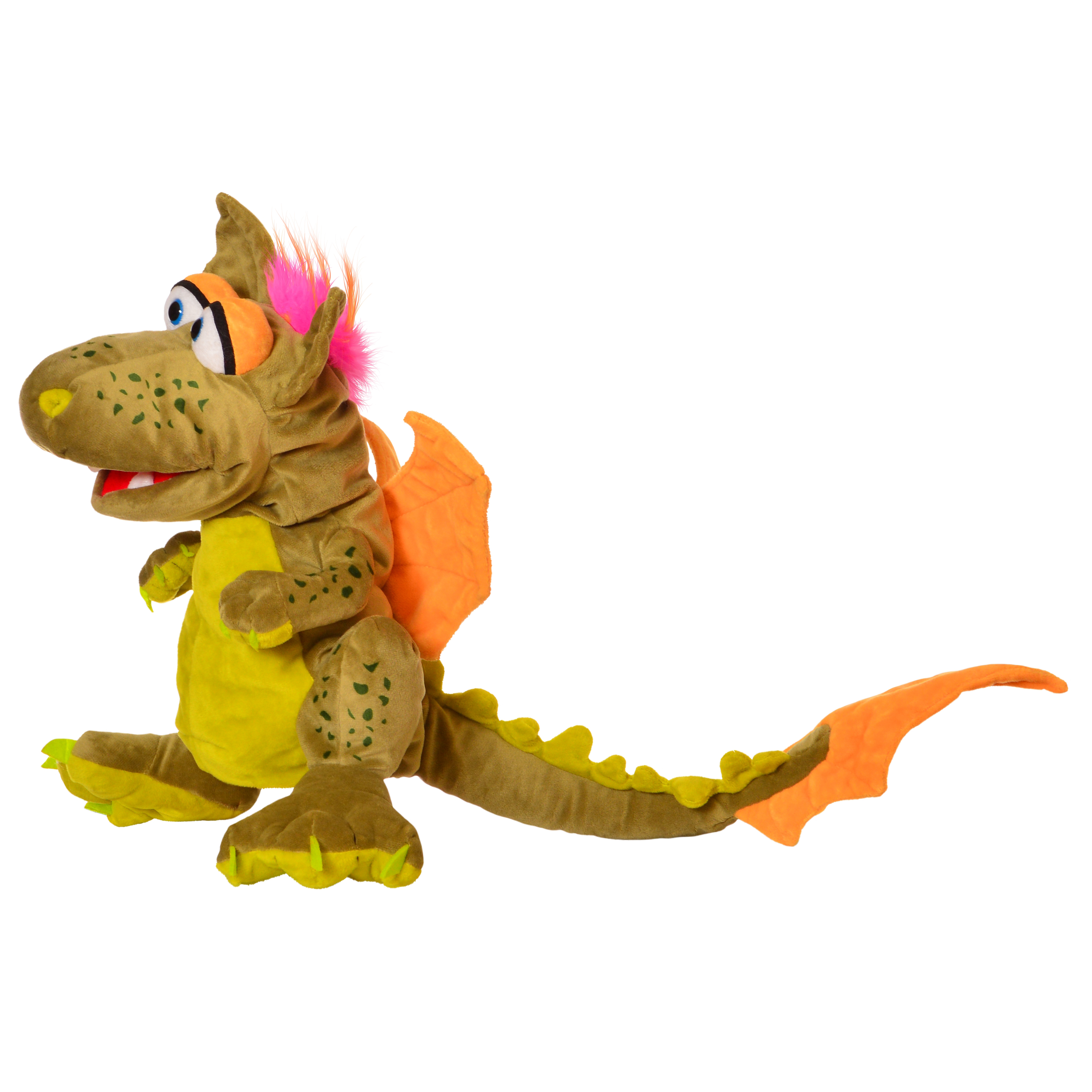 Living Puppets hand puppet Rocco the dragon with olive green fur, orange wings and a long spiked tail, side view