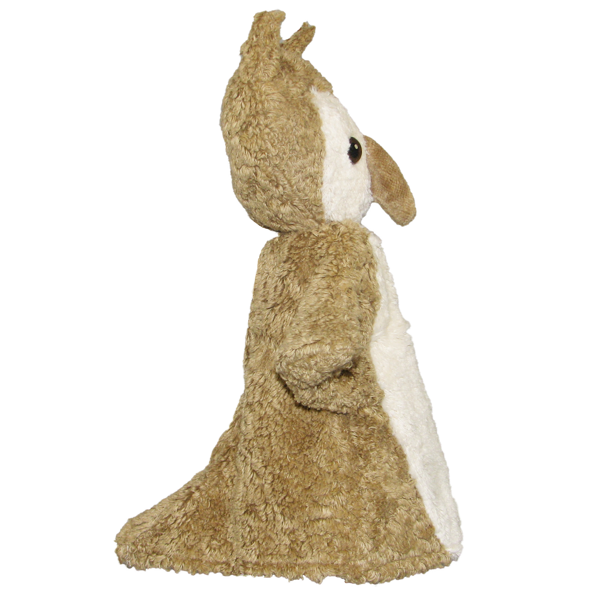 Kallisto hand puppet owl beige, side view with pointed ear tufts and beige fur