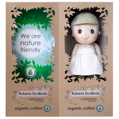 Packaging of the Rubens EcoBuds doll Iris made of organic cotton in natural cardboard