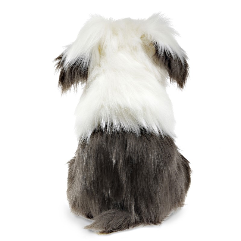 Folkmanis Old English Sheepdog hand puppet from behind, long white and grey shaggy fur