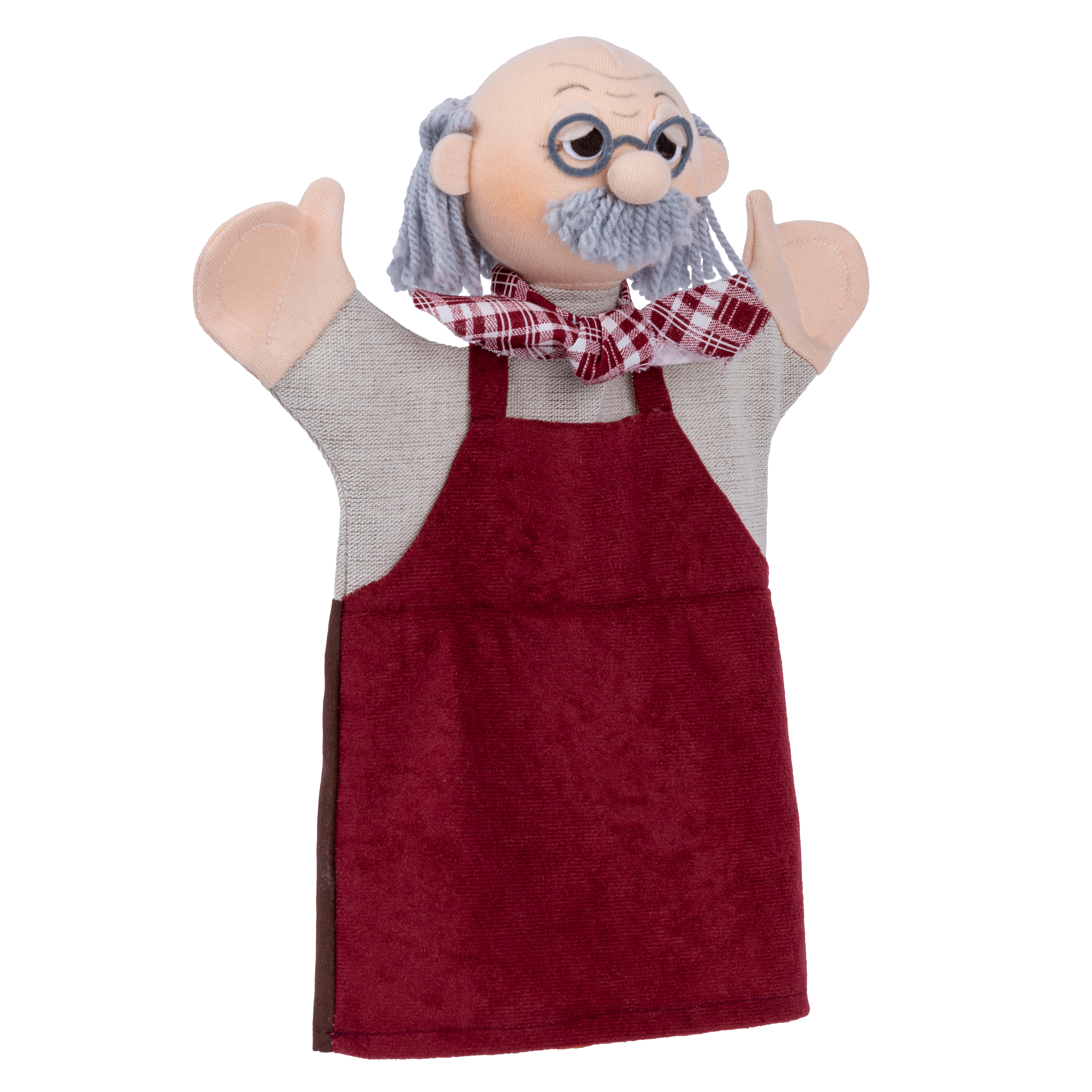Punch and Judy puppet grandfather by munabo with a grey moustache, glasses, chequered scarf and wine-red apron