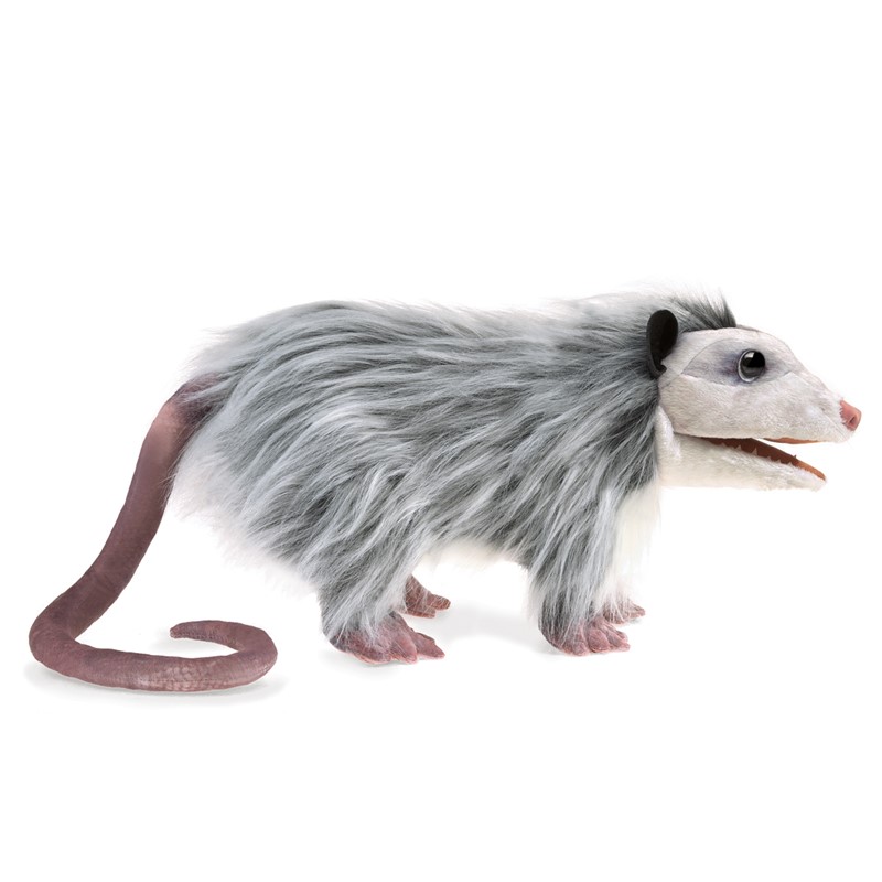Folkmanis opossum hand puppet shown from the side with grey-white long fur, naked prehensile tail and open mouth