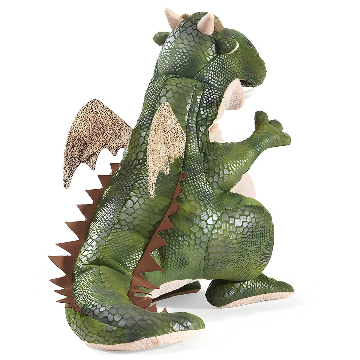 Folkmanis Handpuppe grüner Drache mit Schuppenstruktur, braunen Flügeln und Rückenflossen in Seitenansicht