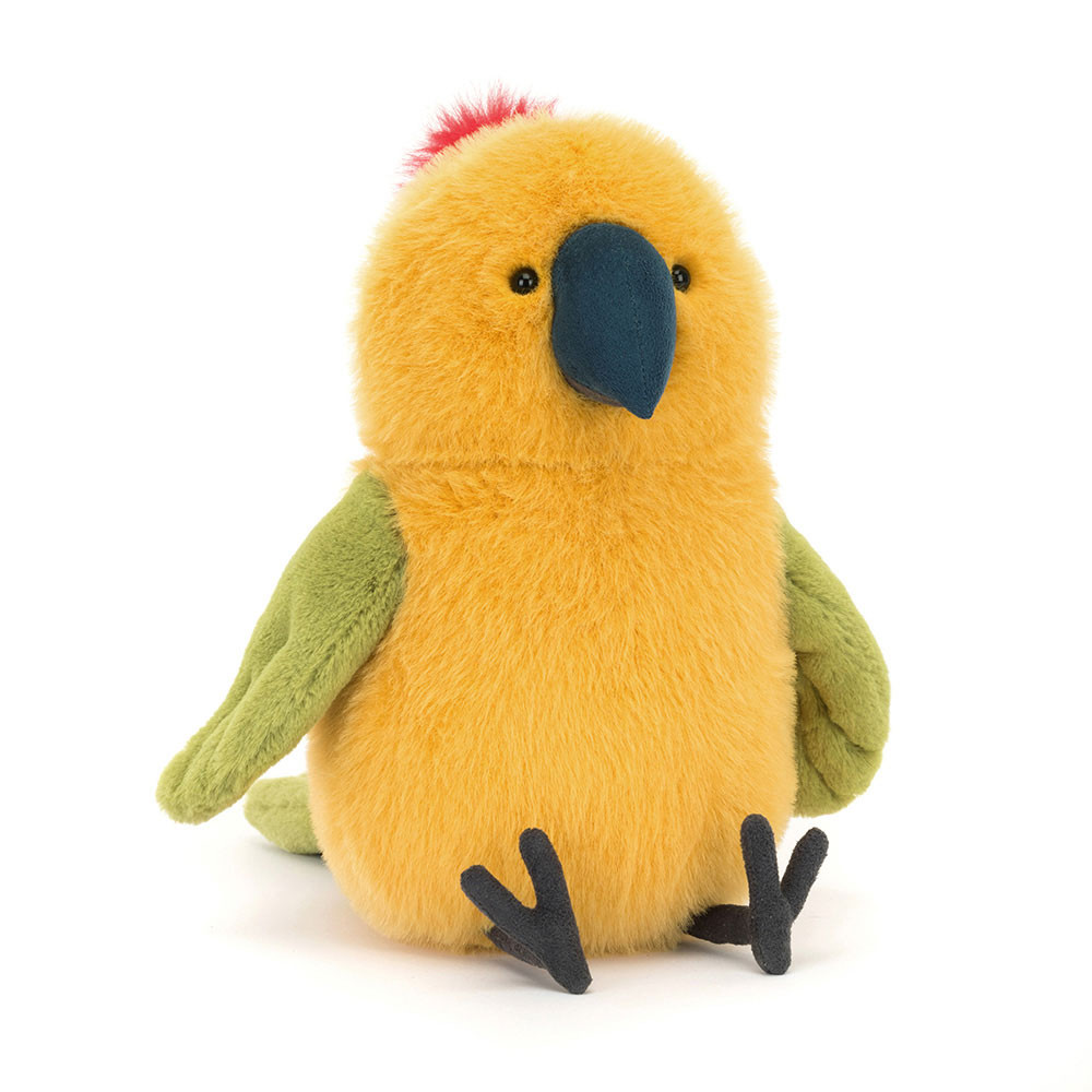 Jellycat plush toy parrot Budgeby Parrot, yellow plush toy with green wings and a red feather crest, front view