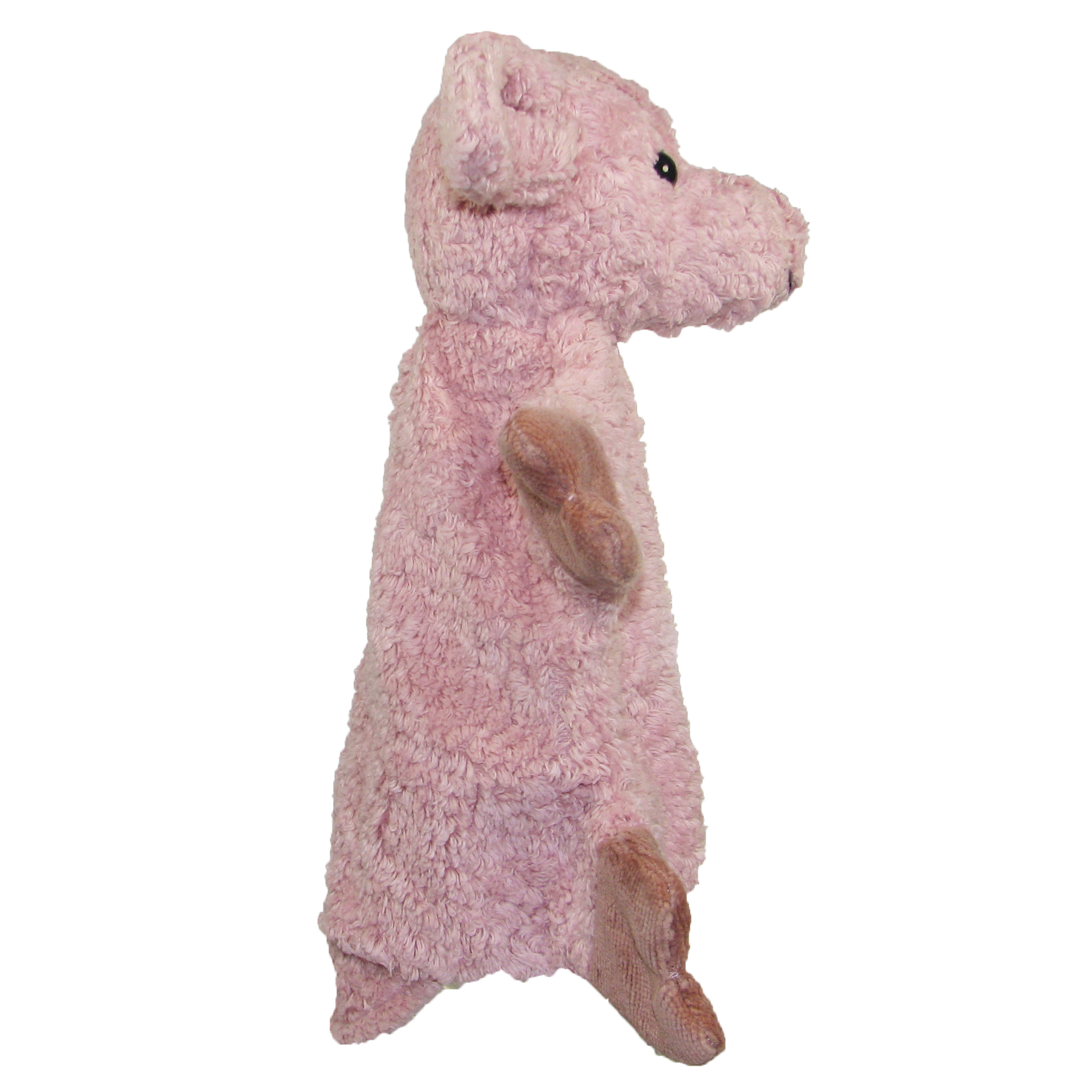 Kallisto hand puppet pig side view, pink natural-material puppet with a brown paw and curly tail