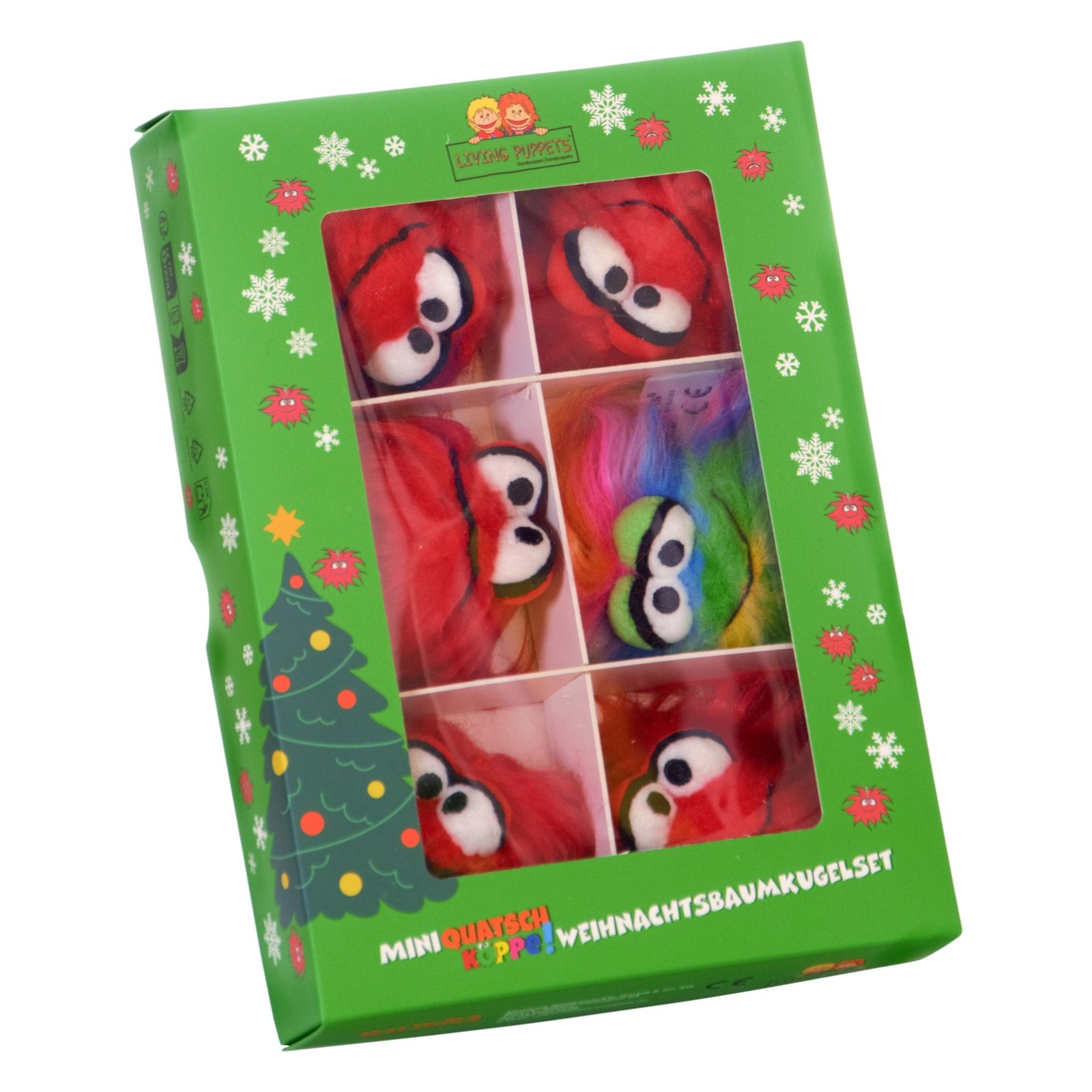 Living Puppets Mini Quatschköppe Weihnachtsbaumschmuck - Schachtel schräg von der Seite, sechs Fächer mit roten Quatschköppen und dem bunten Rainbow