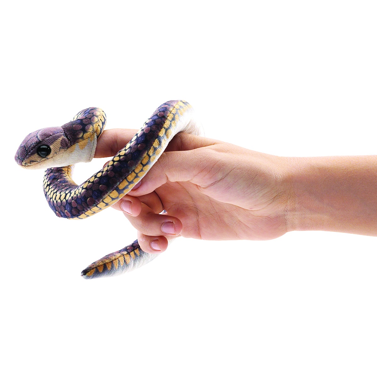 Folkmanis mini snake finger puppet with blue and yellow scale pattern coiling around a hand