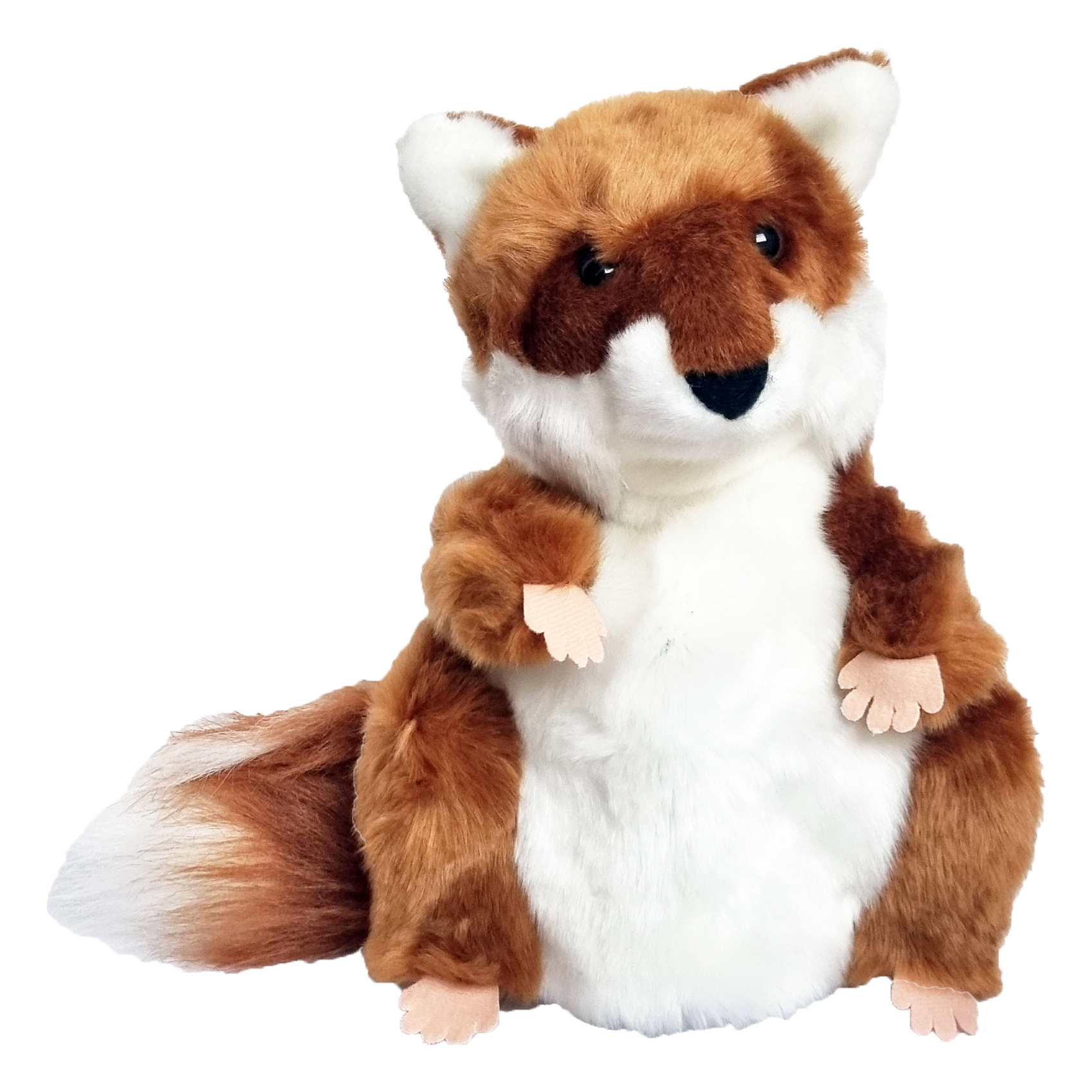 The Puppet Company hand puppet fox, realistic brown and white fox puppet in a seated pose