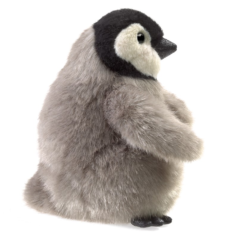 Folkmanis hand puppet baby emperor penguin in grey plush with a black head, side view on a white background