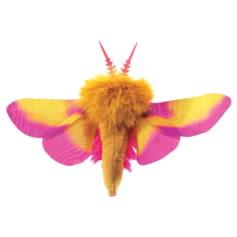 Folkmanis finger puppet Rosy Maple Moth with bright pink and yellow wings and a fluffy orange body, top view