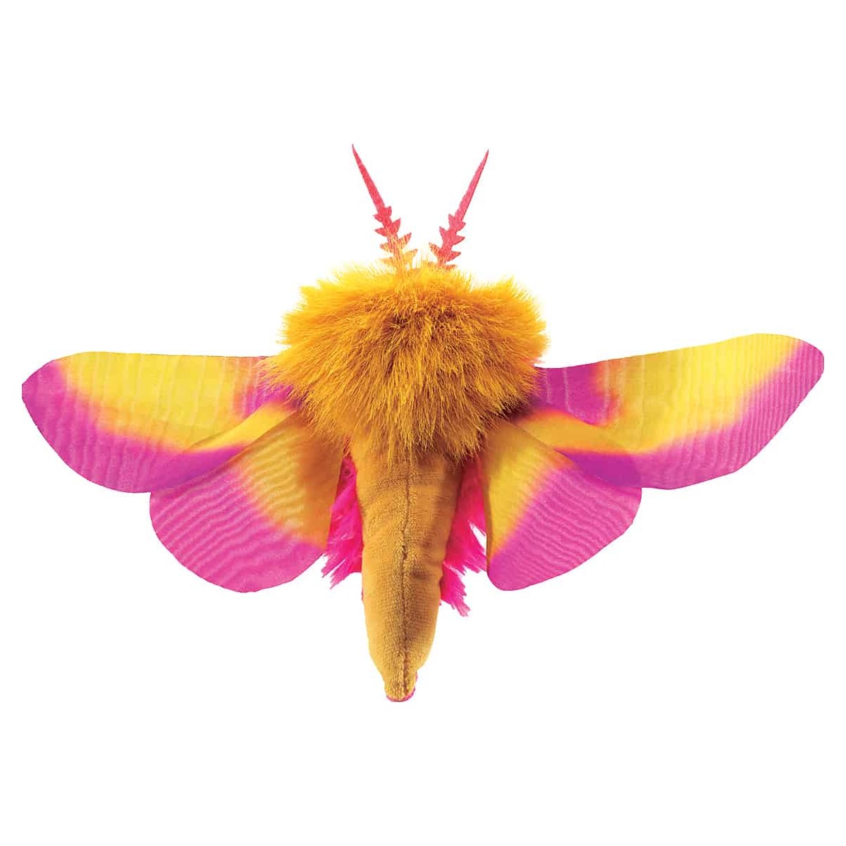 Folkmanis finger puppet Rosy Maple Moth with bright pink and yellow wings and a fluffy orange body, top view