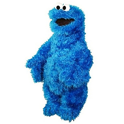 Living Puppets hand puppet Little Cookie Monster from Sesame Street with blue shaggy fur and an open black mouth, standing