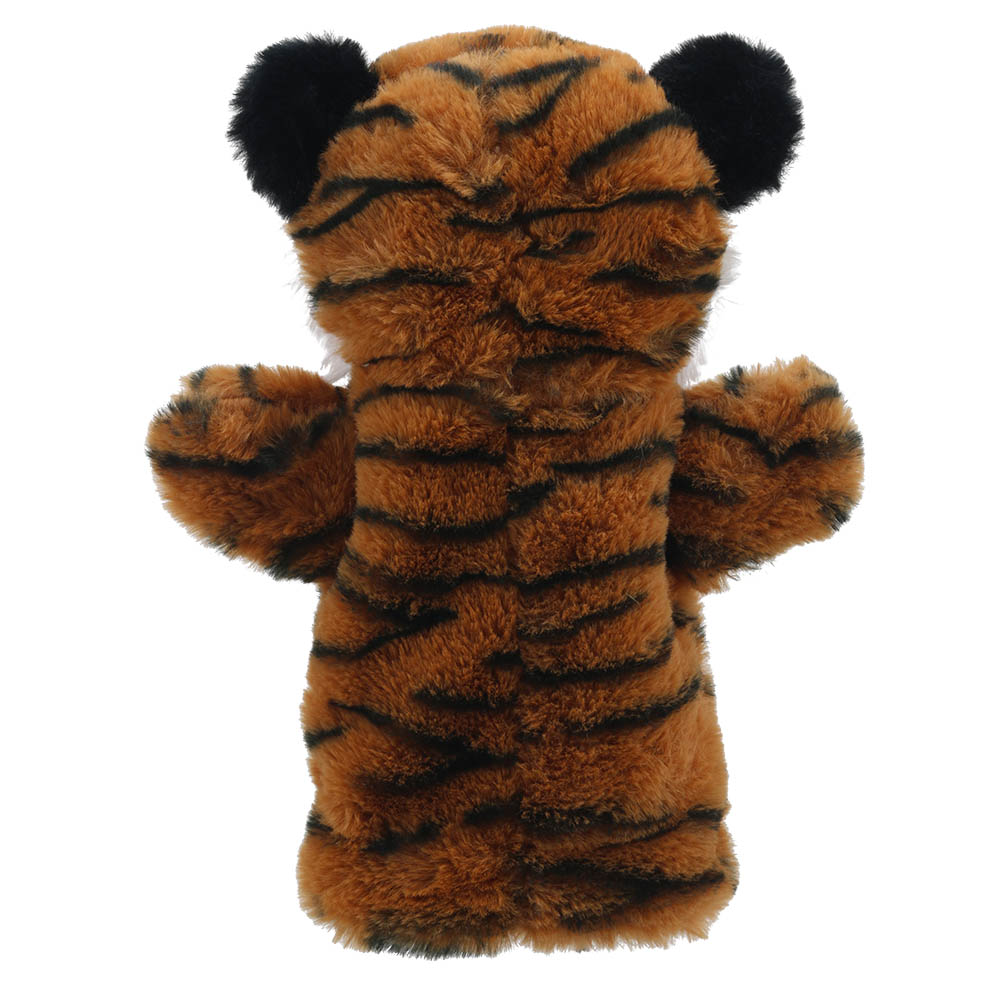 The Puppet Company baby hand puppet tiger, orange tiger with black-tipped ears, back view