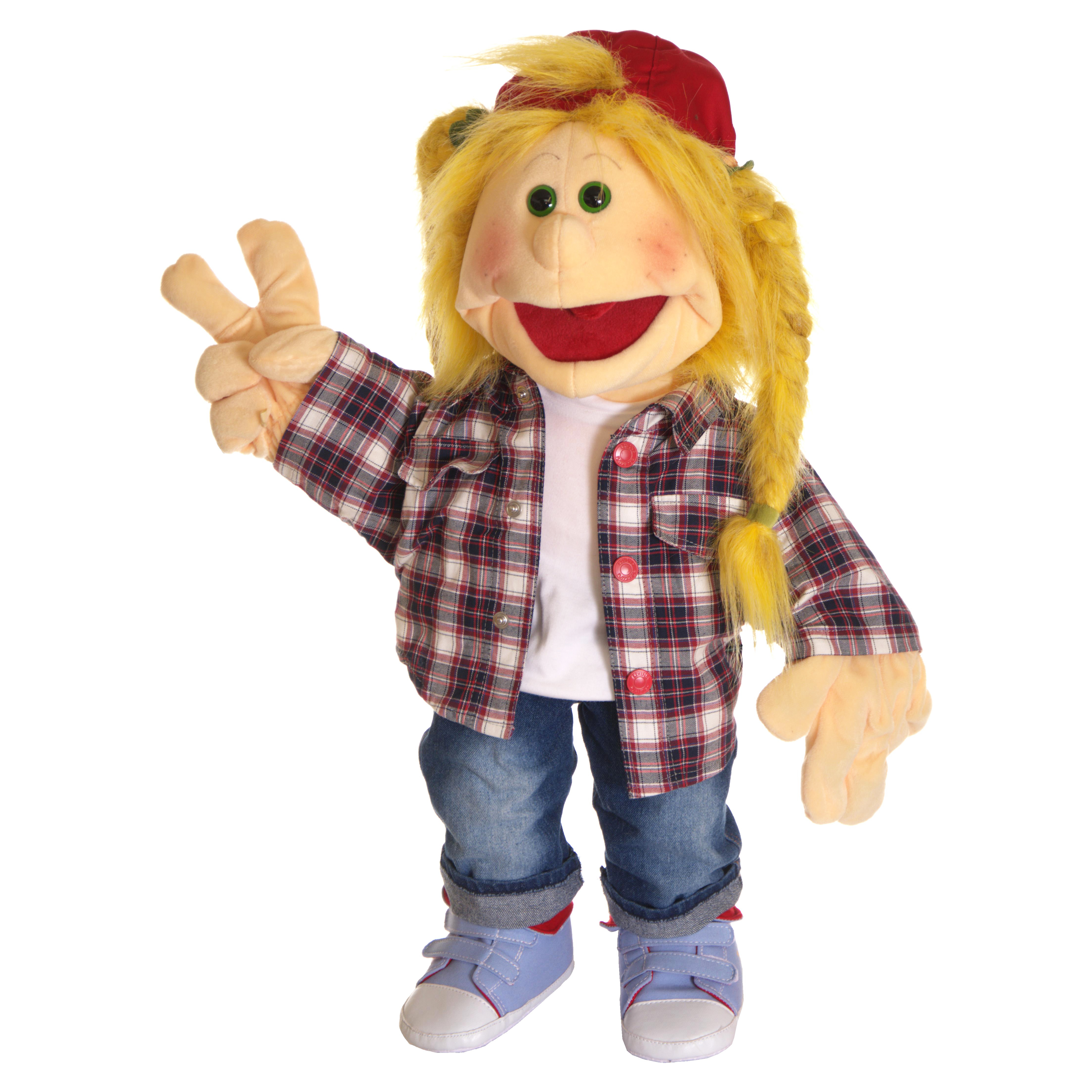Living Puppets Handpuppe Katie Kickflip mit blonden Haaren, rotem Cap, kariertem Hemd und Jeans, zeigt das Victory-Zeichen