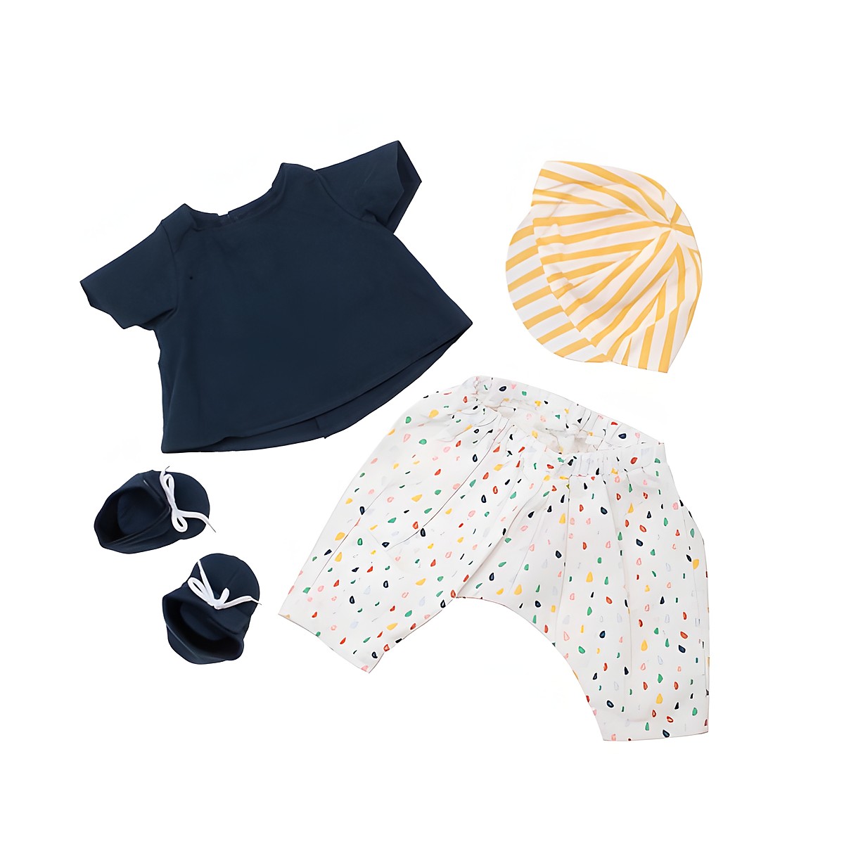 Spiel-Kleidungsset von Rubens Barn: dunkelblaues Shirt, gemusterte Hose, Streifenhut und Schühchen