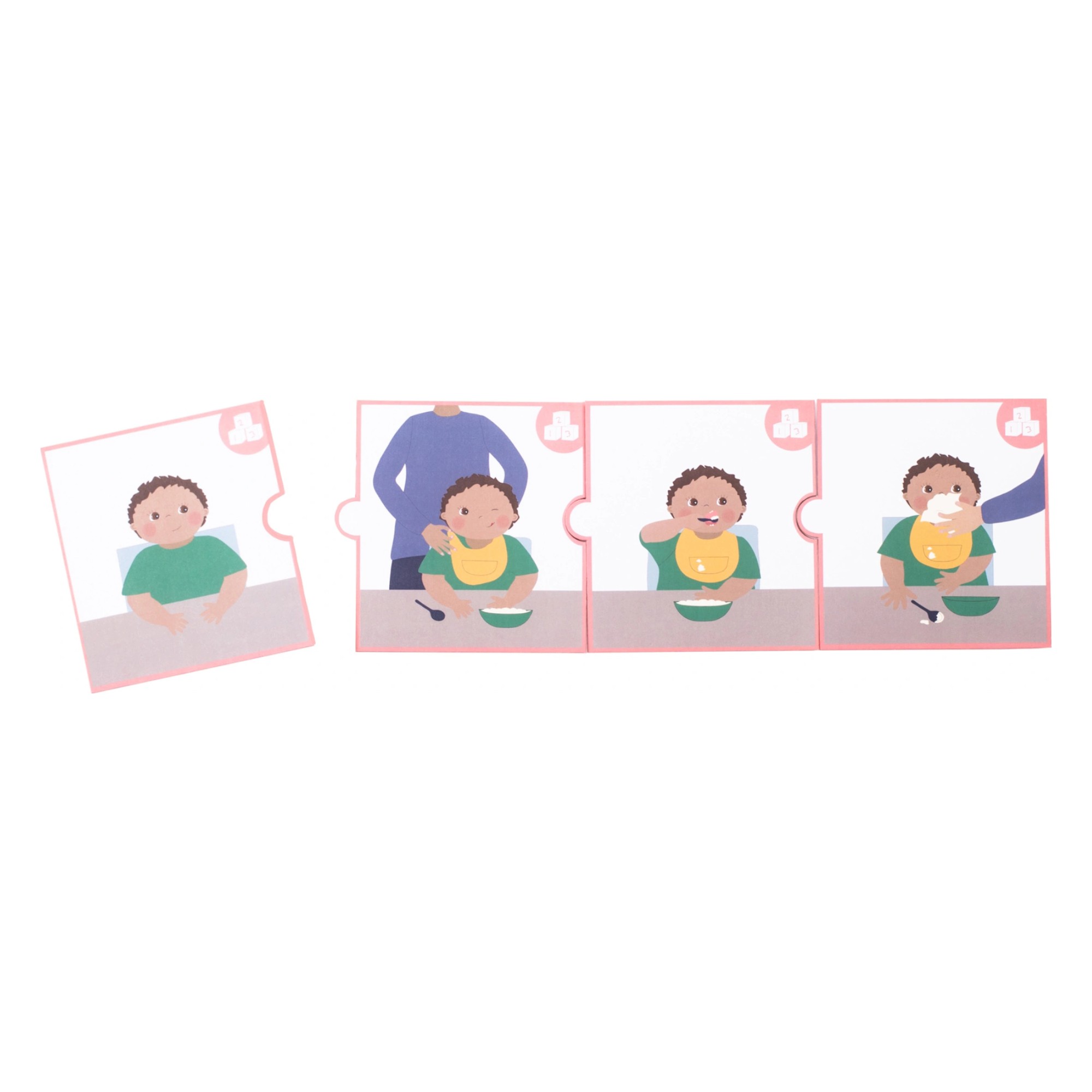 Picture cards of the Rubens Barn feeding set showing the feeding steps as a puzzle