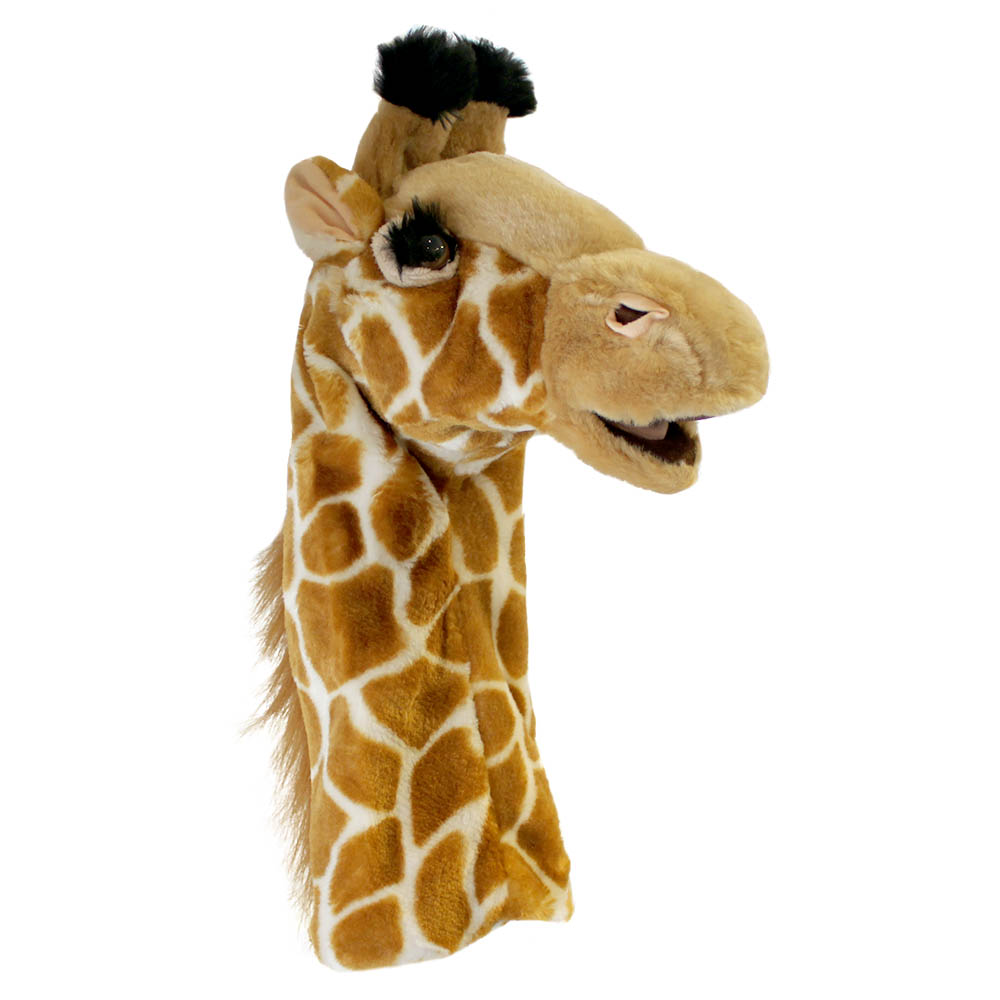 The Puppet Company baby hand puppet giraffe, spotted giraffe puppet with an open mouth, three-quarter view