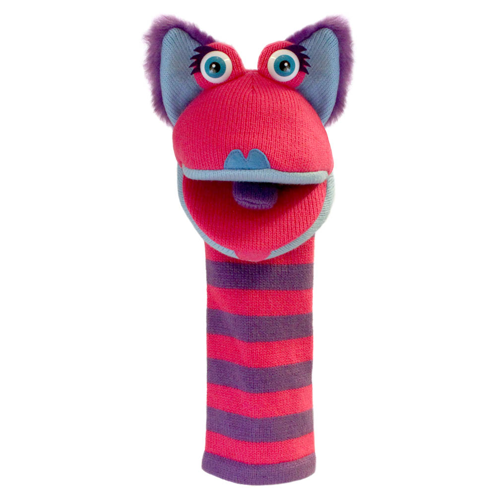The Puppet Company sock puppet Kitty, pink monster with large purple ears and a striped body