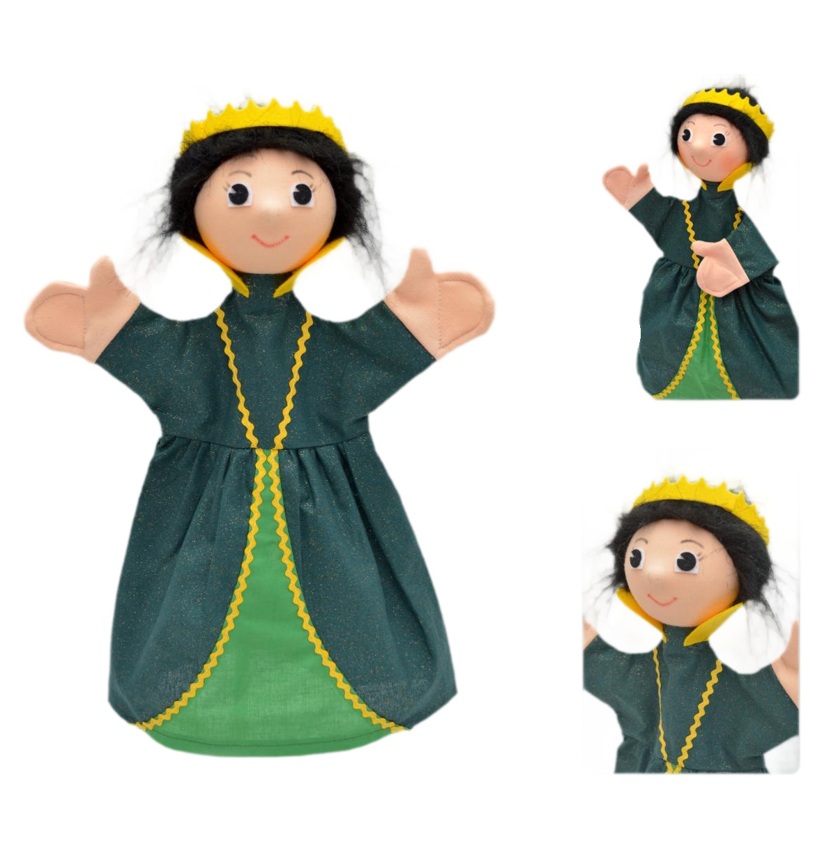 Green queen from the munabo Punch and Judy hand puppet set shown three ways: front view with yellow crown and black hair, plus a side view and a close-up of the face.