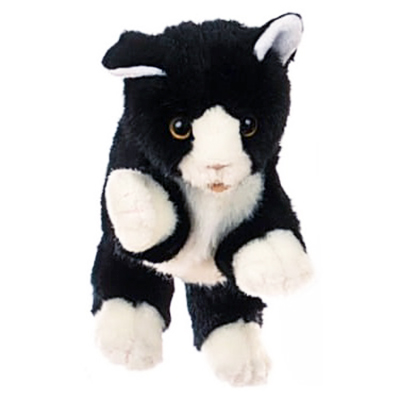 Living Puppets hand puppet black and white cat with a white muzzle, white paws and amber eyes, front view