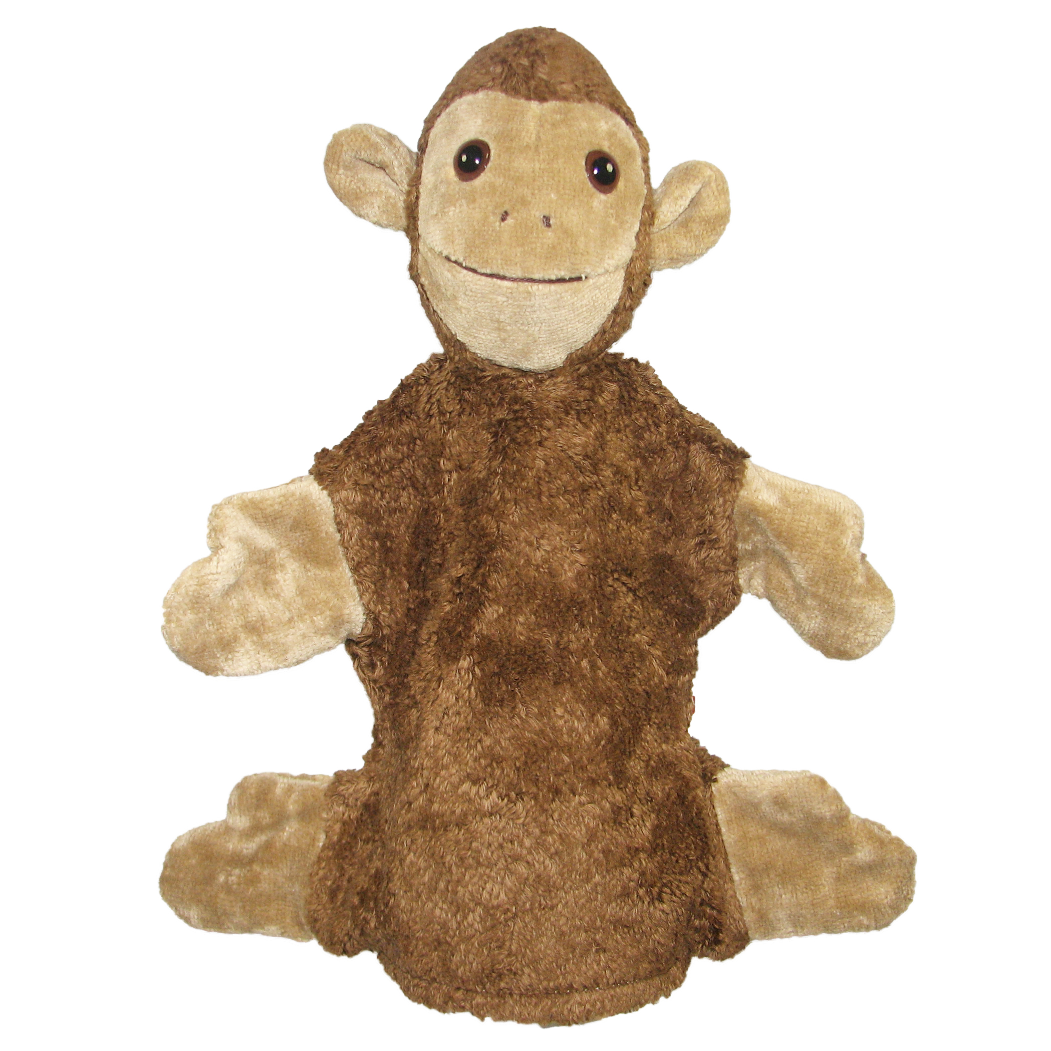 Kallisto hand puppet monkey brown, front view with outstretched arms and a light brown face