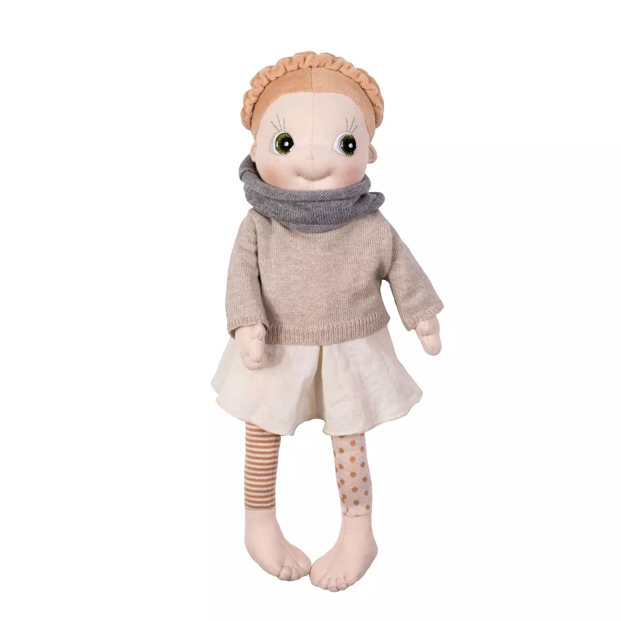 Rubens EcoBuds Puppe im Winterpullover mit grauem Schlauchschal und weißem Rock