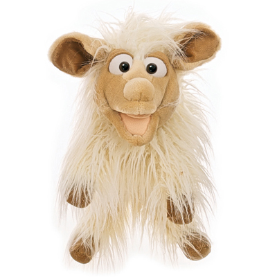 Living Puppets Handpuppe Lucy das Schaf mit langem cremefarbenem Zottelfell, braunen Ohren und Beinen und geöffnetem Mund
