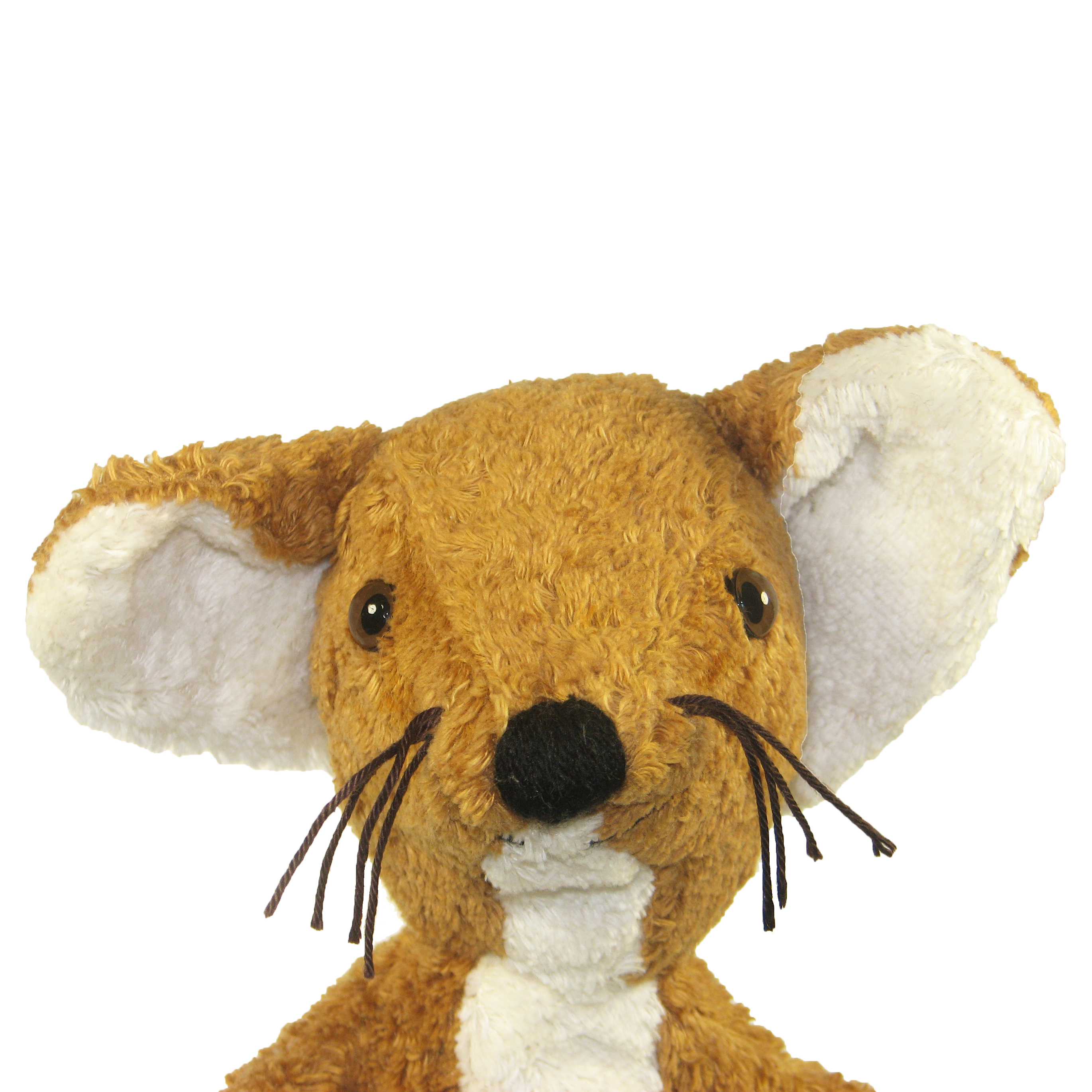 Kallisto hand puppet fox, close-up of the face showing pointed white ear linings, a black nose and fine whiskers