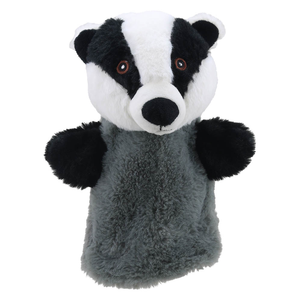 The Puppet Company hand puppet badger, black and white head with a grey body, front view