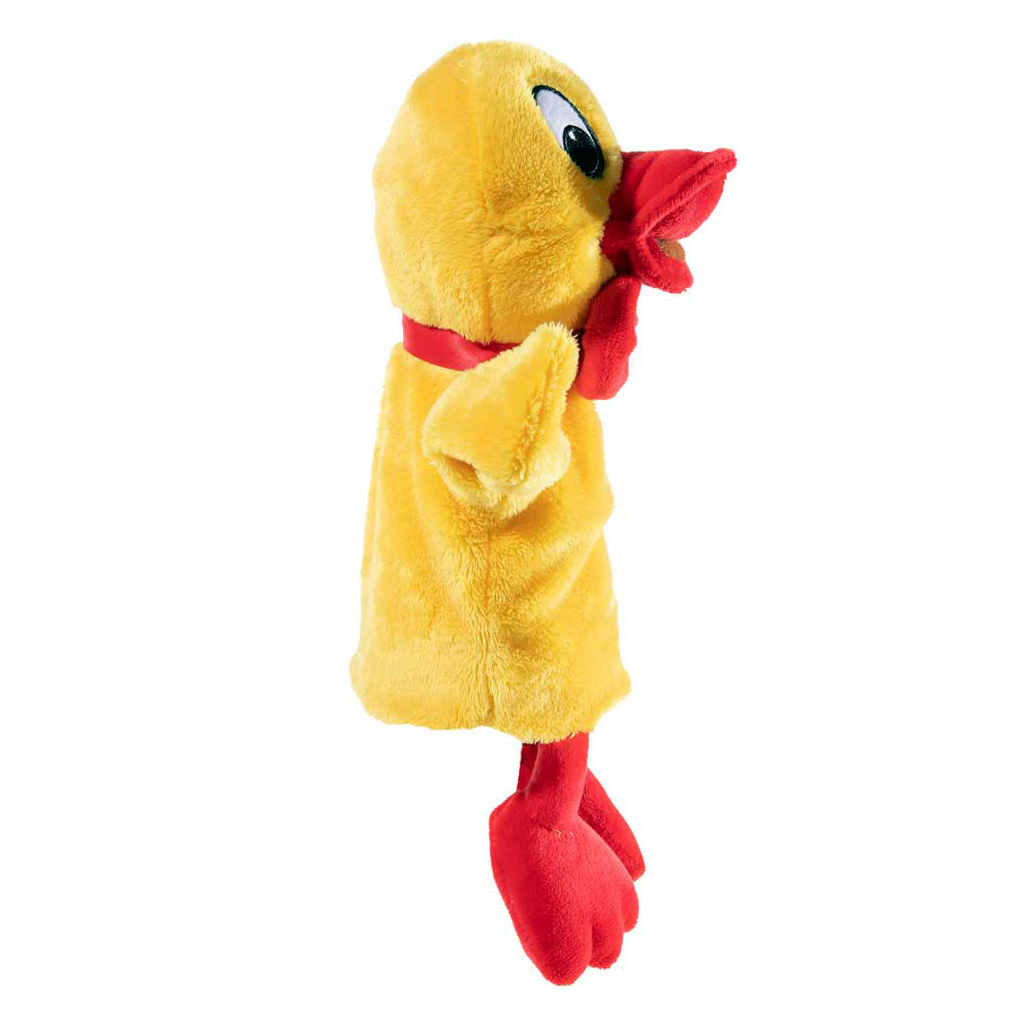 Heunec hand puppet duck Schnatterinchen, yellow plush puppet with a raised wing and red beak shown in profile