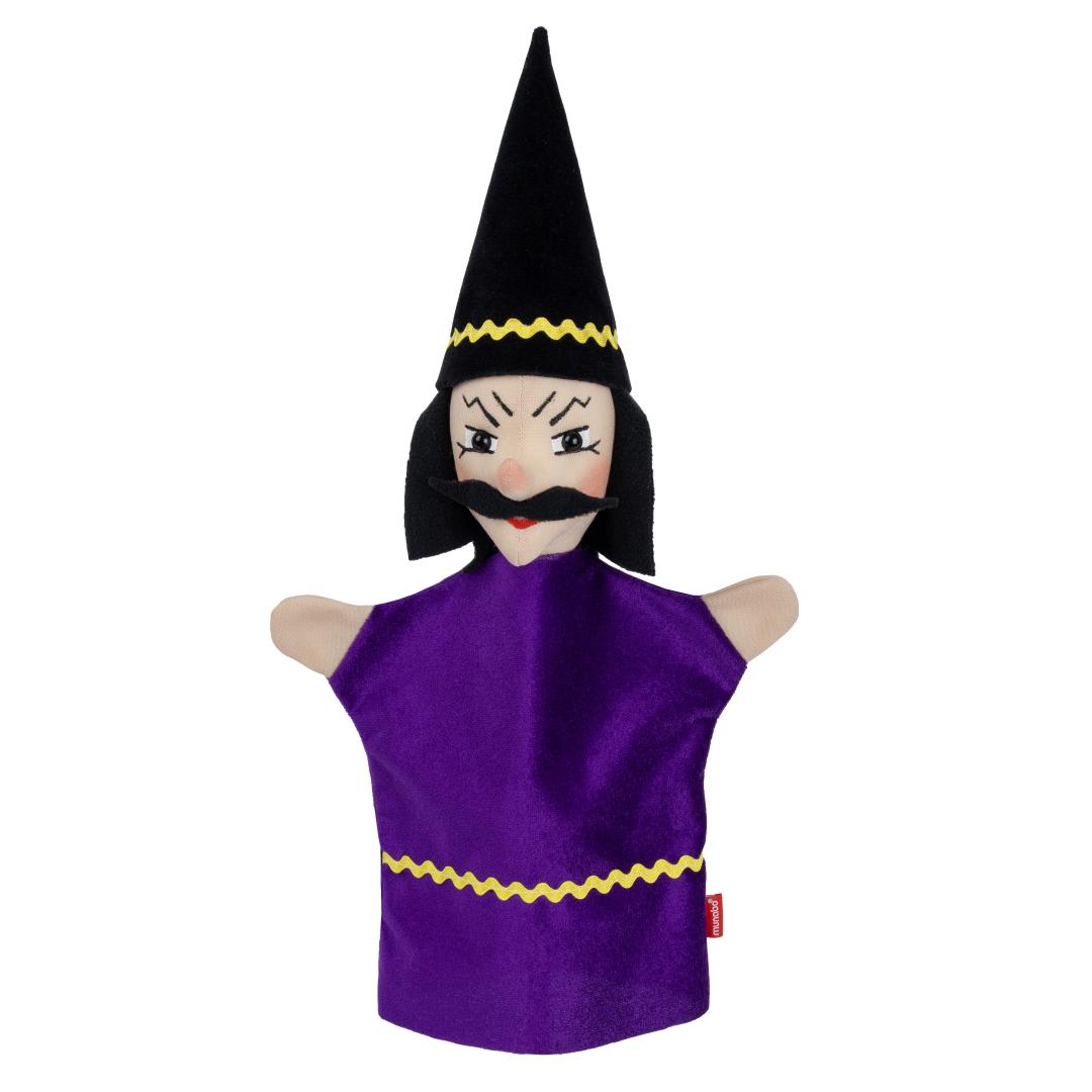 Magician hand puppet by munabo, front view in a purple robe with a black pointed hat trimmed in yellow.