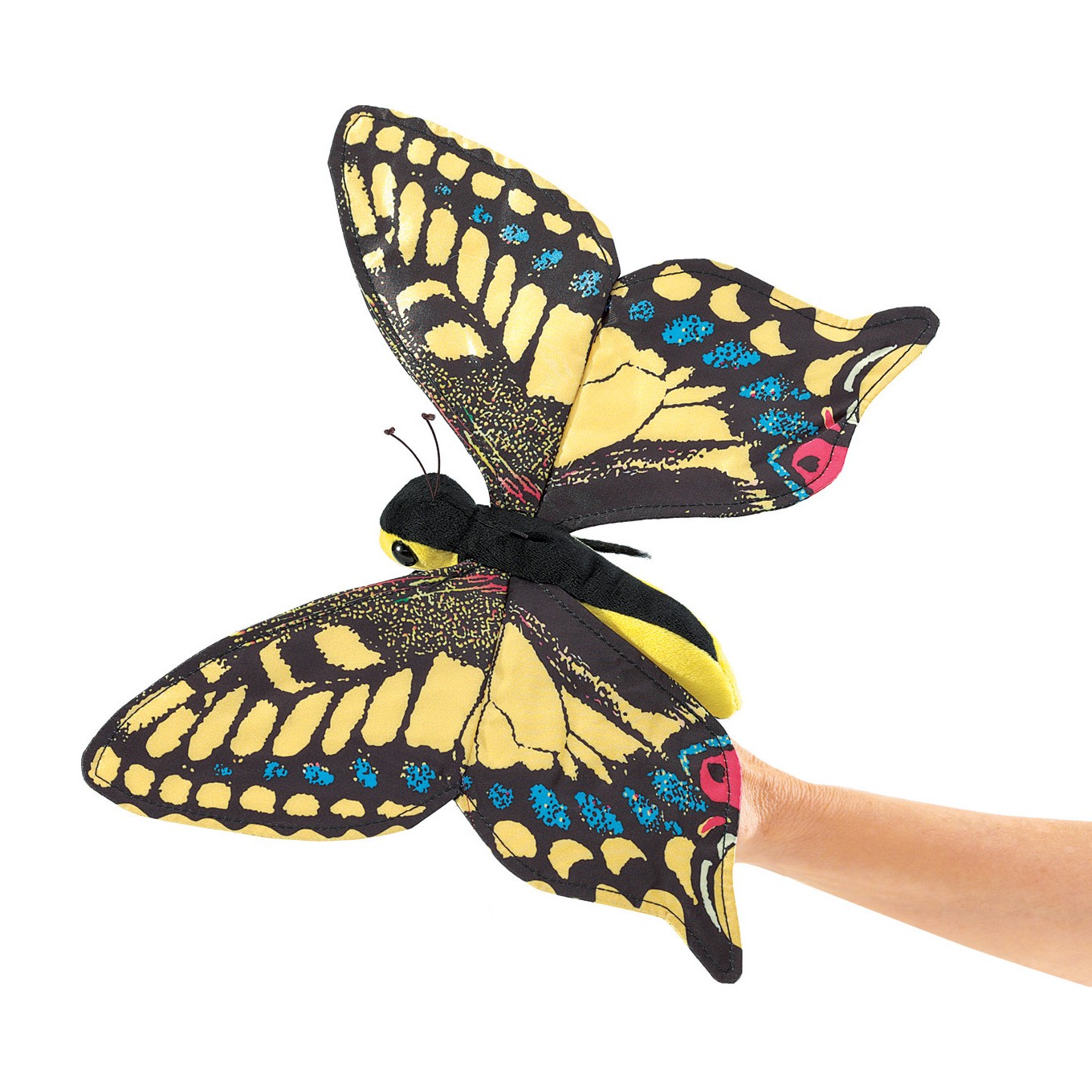 Folkmanis Handpuppe Schwalbenschwanz-Schmetterling mit gelb-schwarzen Flügeln und blauen Tupfen, auf einer Hand sitzend