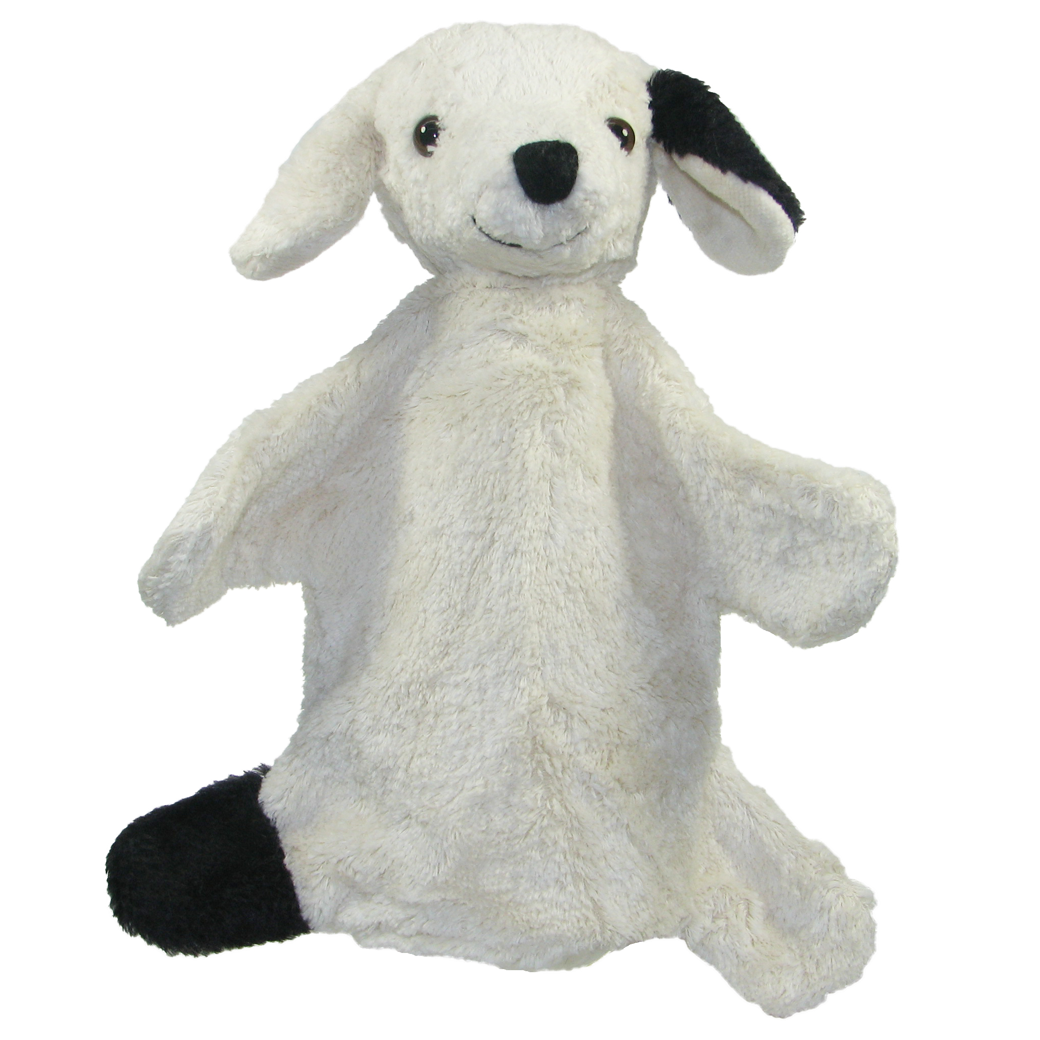 Kallisto hand puppet dog Bello front view, cream-white natural-material puppet with a black ear and black paw