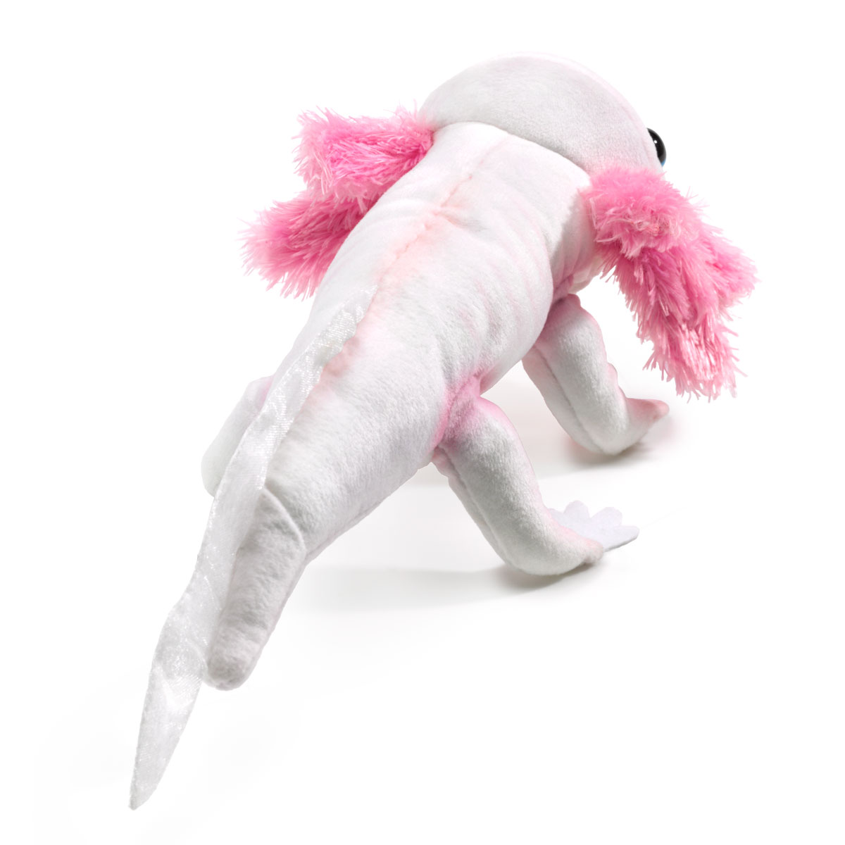 Folkmanis Fingerpuppe Axolotl in Weiß mit pinken Kiemenbüscheln, Seitenansicht auf weißem Hintergrund