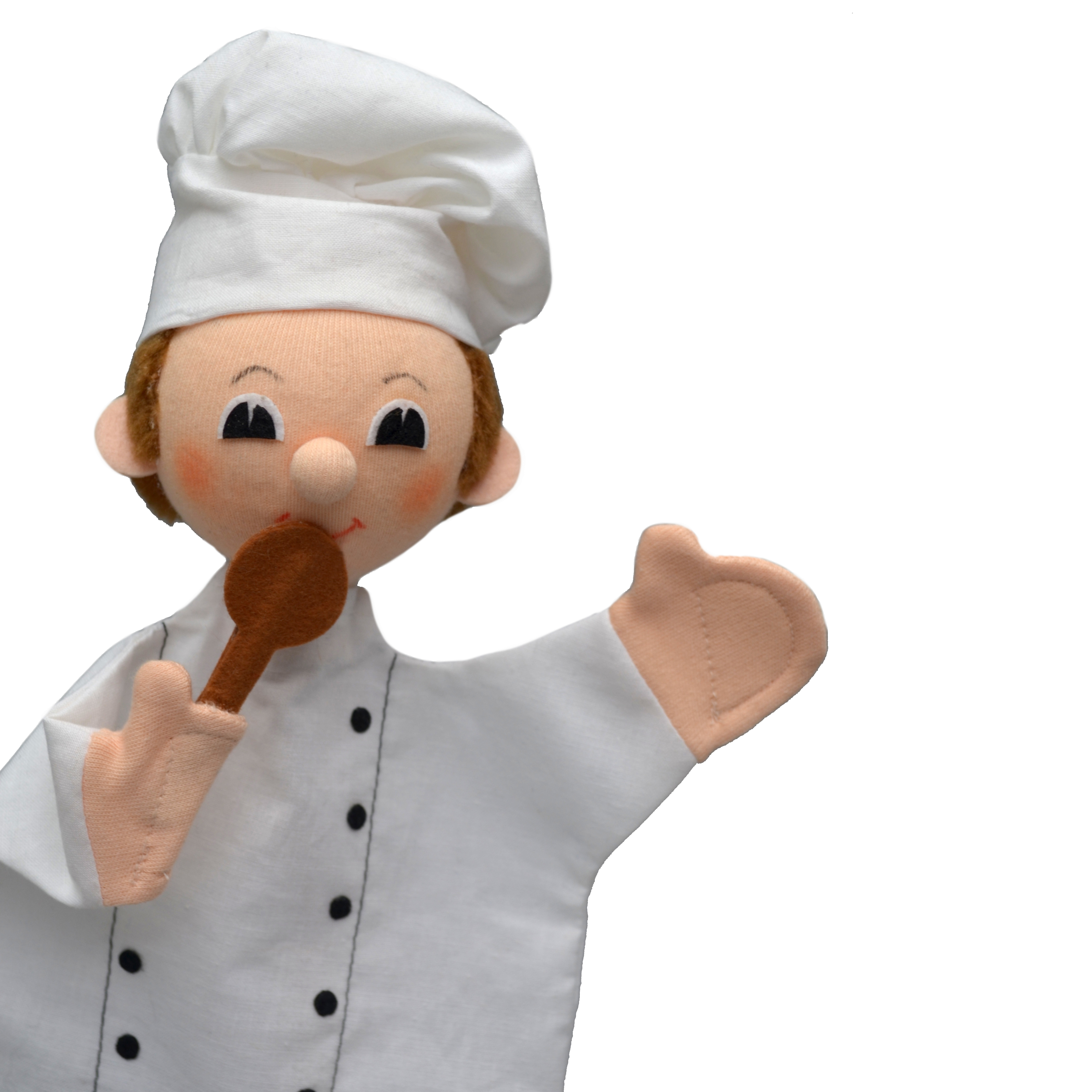 Punch and Judy puppet cook by munabo with a white chef's hat, chef's jacket and wooden spoon