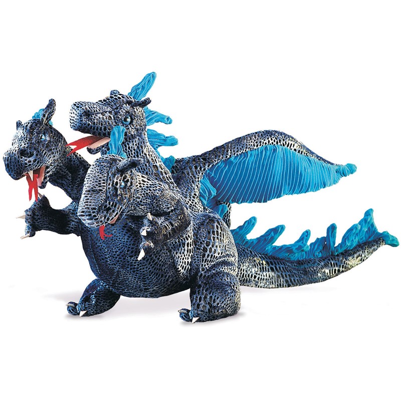 Folkmanis hand puppet three-headed dragon in dark blue with bright blue wings and red tongues, lying down, side view