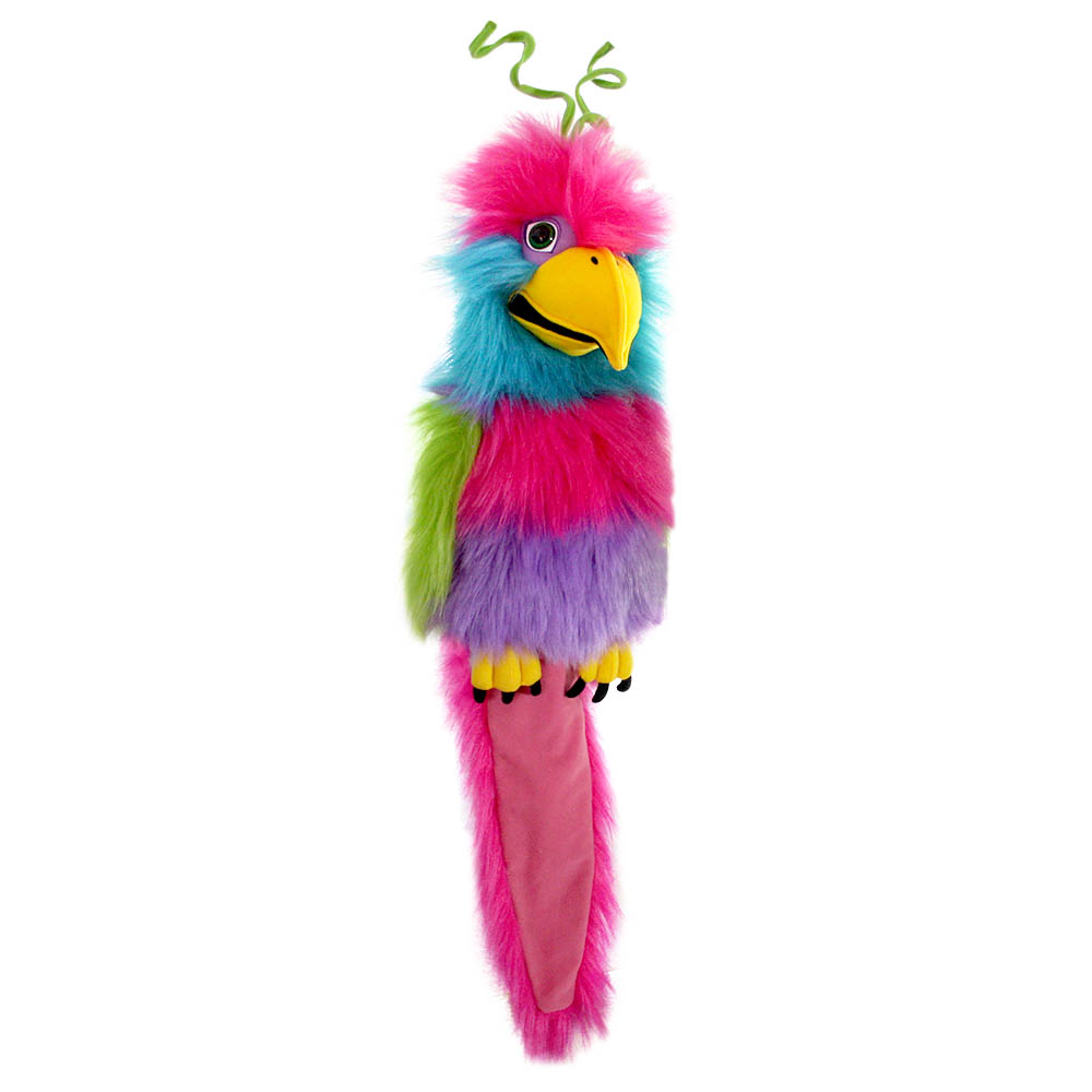 The Puppet Company hand puppet bird of paradise with sound, pink-blue-green bird with yellow beak and curly green head feathers