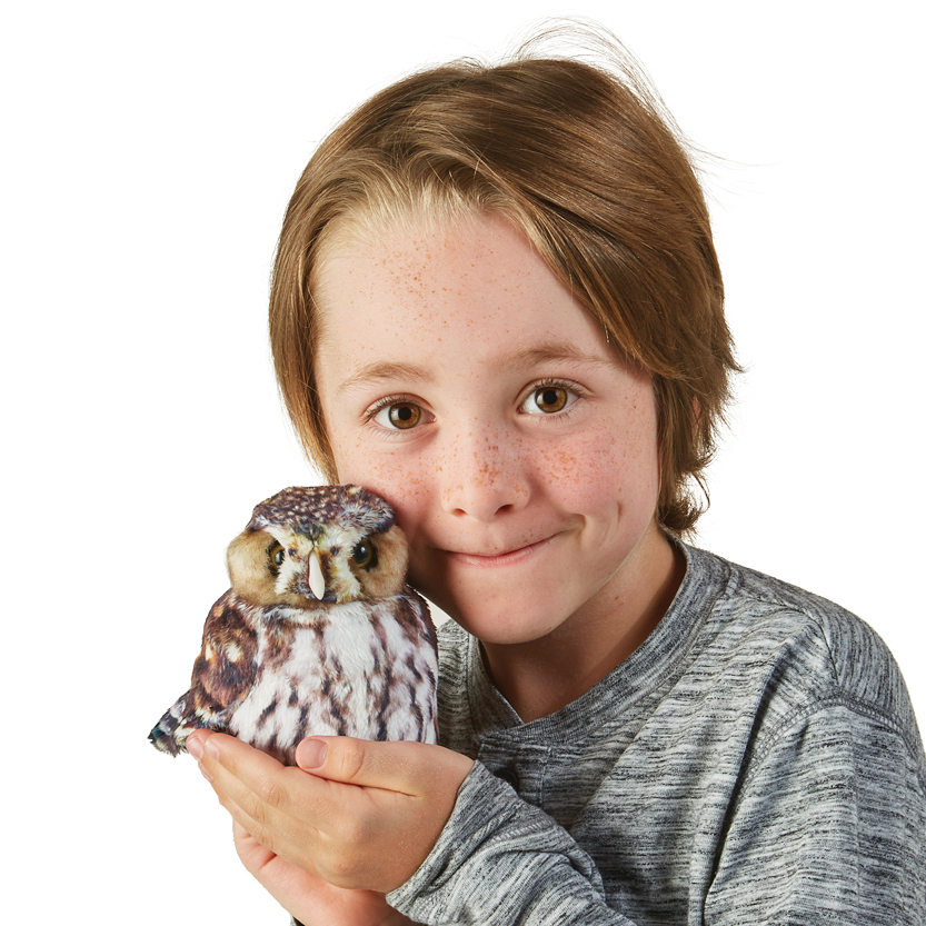 Child holding a Folkmanis pygmy owl hand puppet with brown-and-white plumage in their palm next to their face