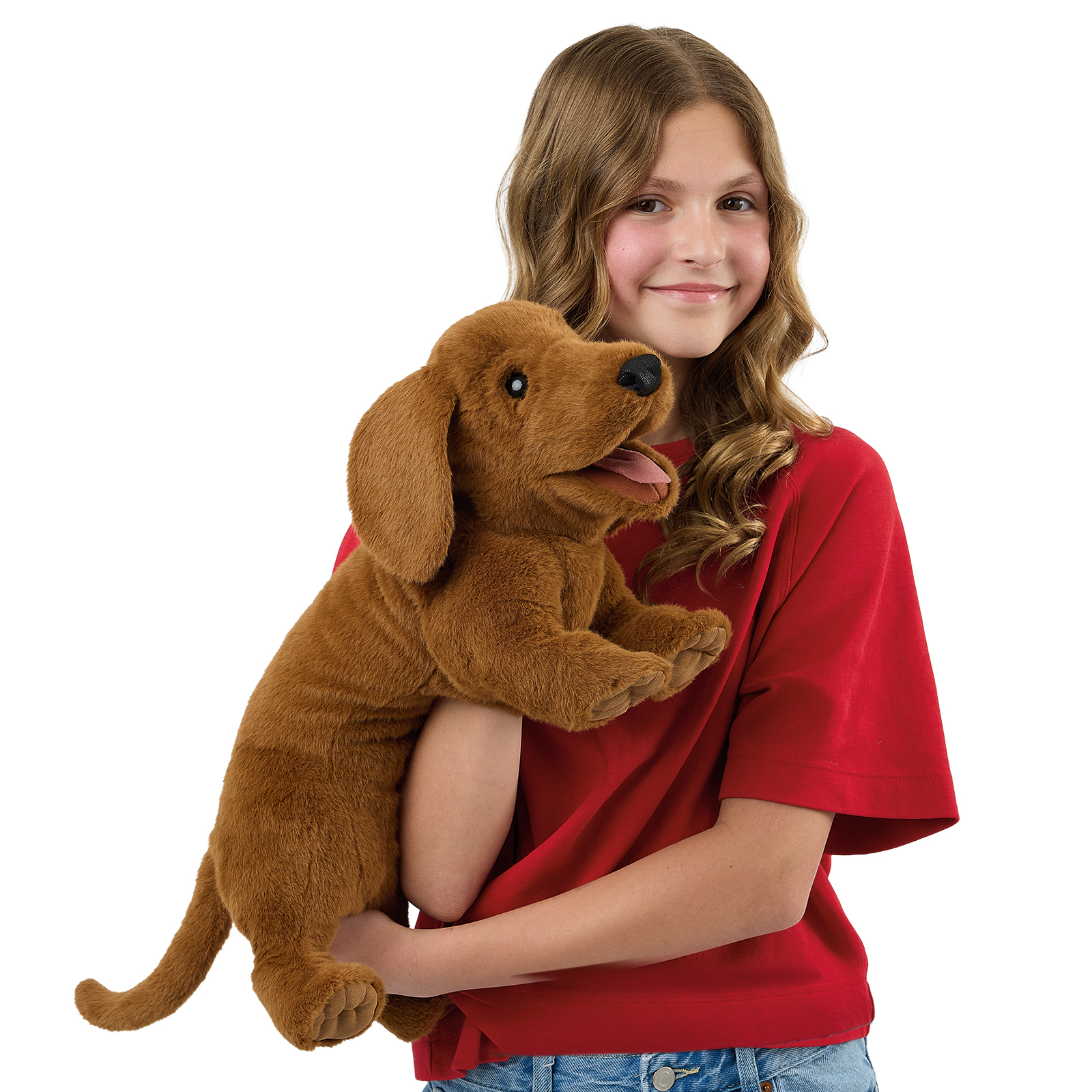 Folkmanis Handpuppe Dackel an der Hand eines Mädchens, Vorderansicht mit geöffnetem Maul.