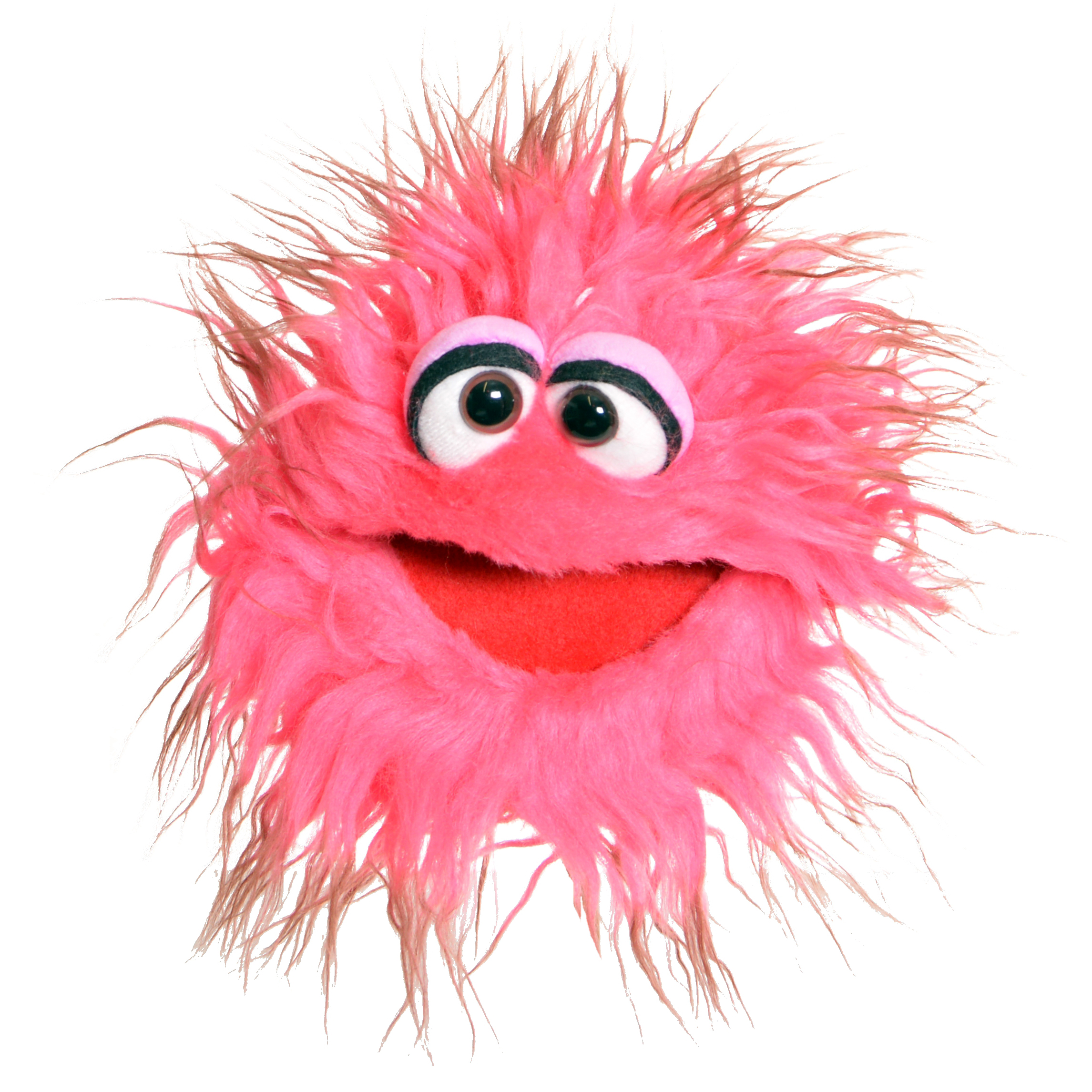 Living Puppets Handpuppe Knups, rosa Zottelmonster mit bräunlichen Fellspitzen und geöffnetem rotem Mund, Frontalansicht