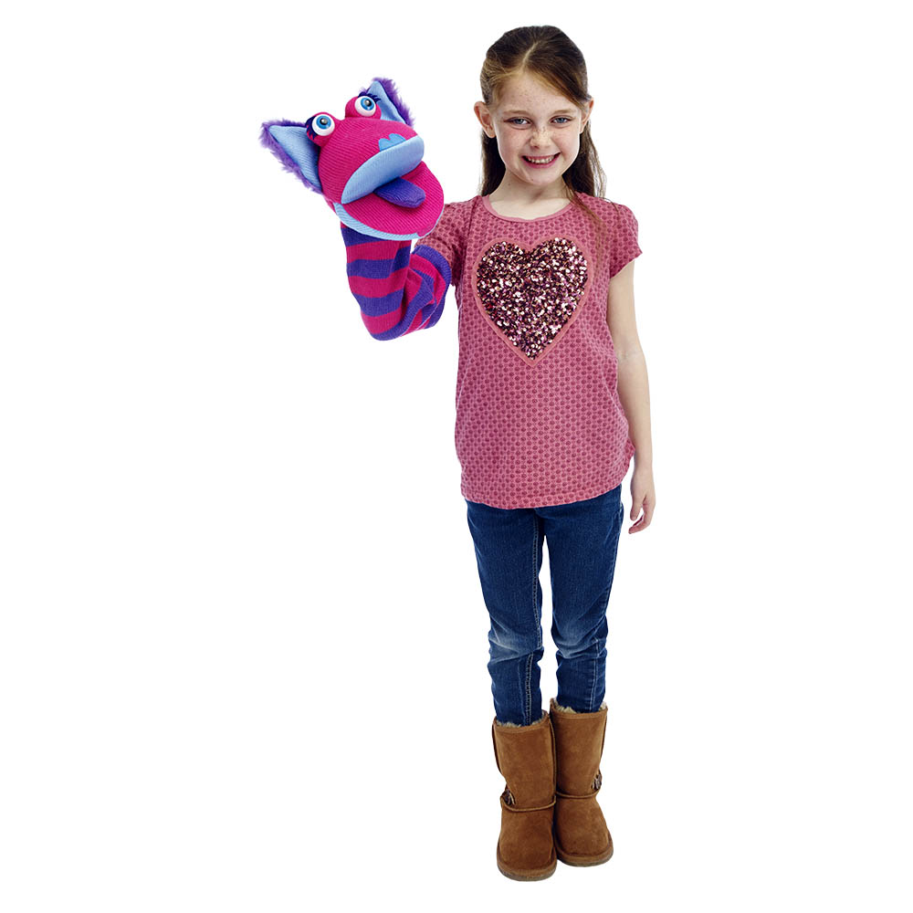 Girl holding the The Puppet Company sock puppet Kitty on her hand, usage example