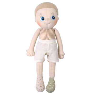 Rubens EcoBuds doll Aspen with light hair, striped top, white shorts and patterned booties