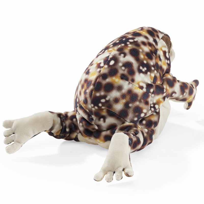 Folkmanis Handpuppe Wüstenregenfrosch mit braun-beigem Fleckenmuster, liegend von schräg oben fotografiert