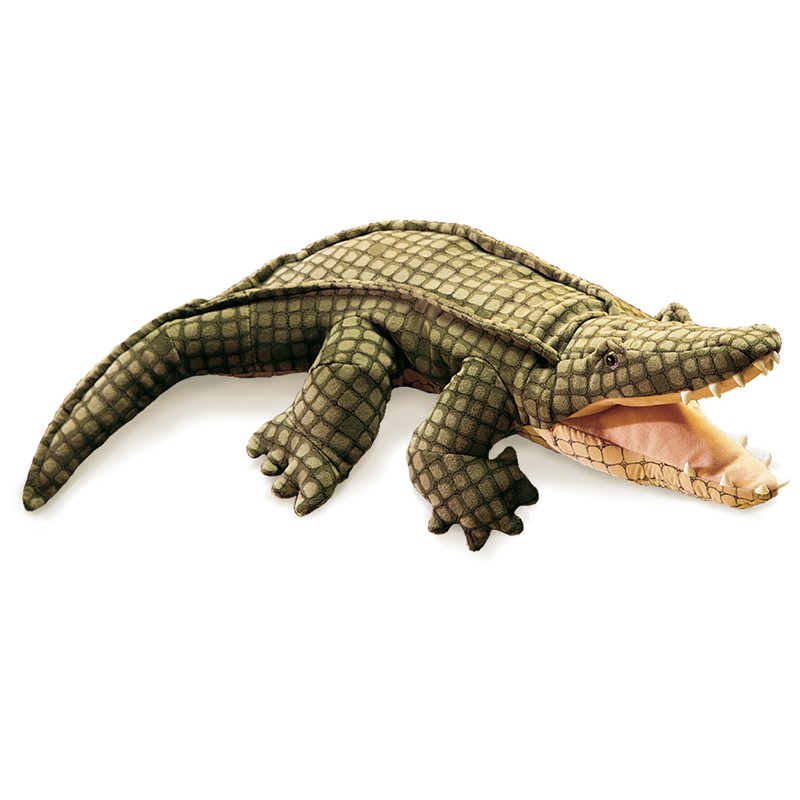 Folkmanis Alligator-Handpuppe in Olivgrün mit detaillierter Schuppenstruktur und weit geöffnetem Maul, Seitenansicht