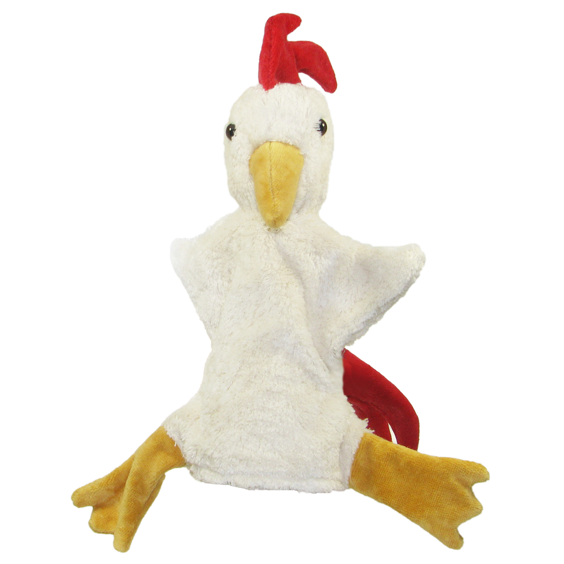 Kallisto hand puppet rooster front view, white natural-material puppet with a red comb, spread wings and yellow feet